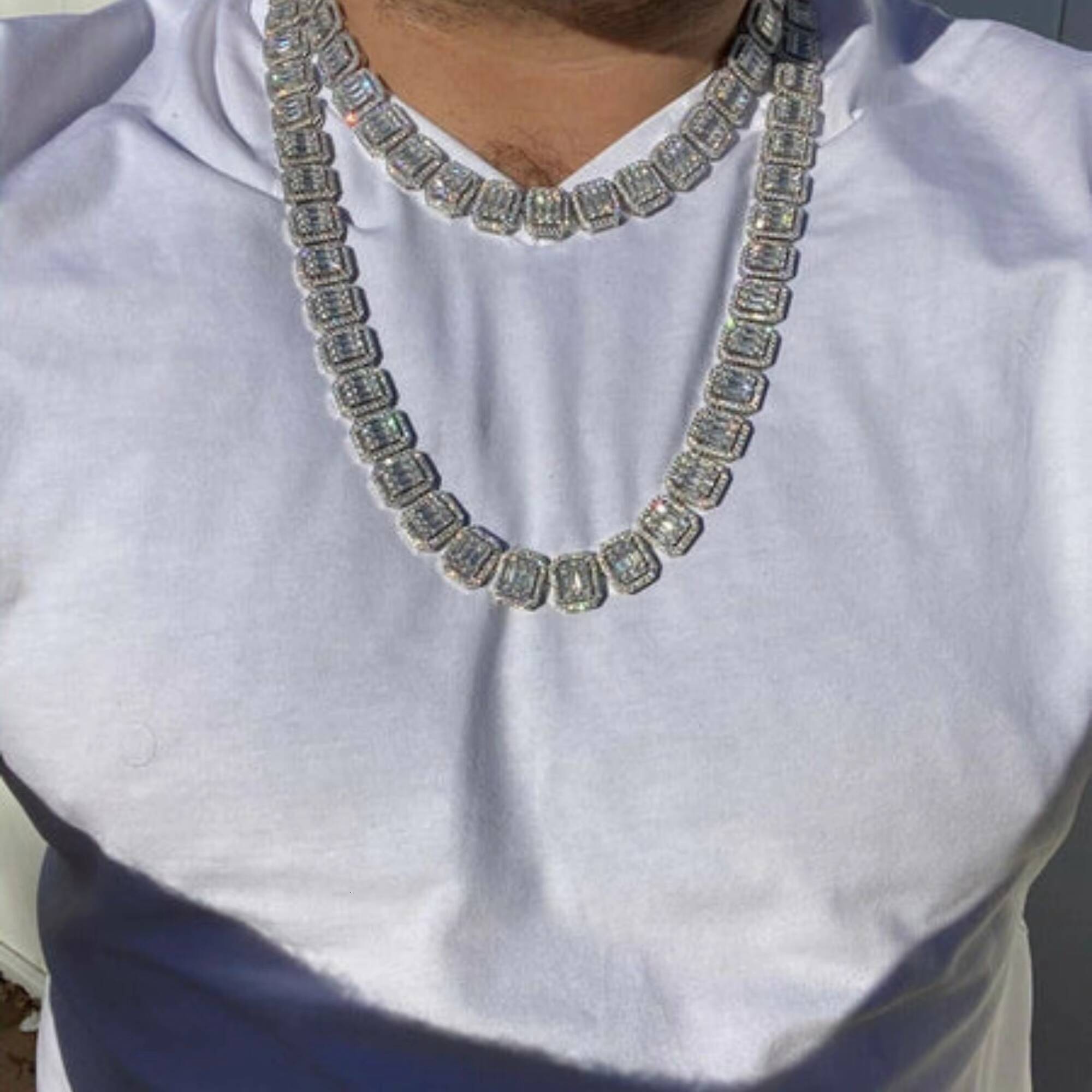 High Quality Customized 10 mm Cuban Link Moissanite Diamond Chain 925 Sterling Silver White Gold Diamond Chain