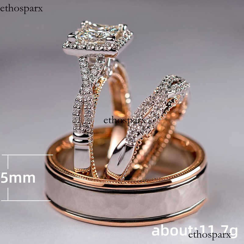 Luxury 3pcs Rose Gold Plated Diamond Twist Engagement Ring Square VVS Moissanite Wedding Ring Set