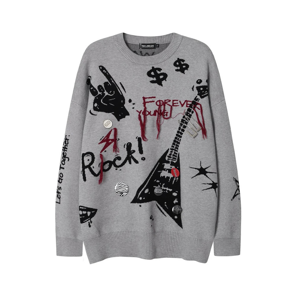 High Street Letter Graffiti Baggy Pullover Sweater for Men and Women Round Neck Black Gray Knitted Wool Sweaters Oversized 250717