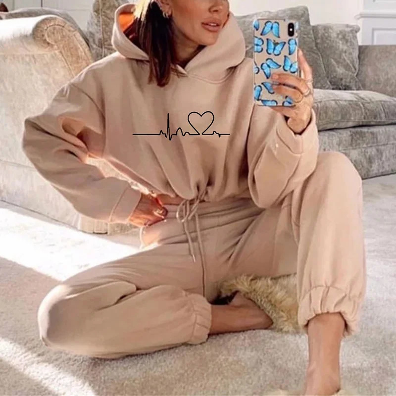 Women Hooded Tracksuit Sports 2 Pieces Set Sweatshirts Pullover Hoodies Pants Suit Home Sweatpants Trousers Outfits 250714