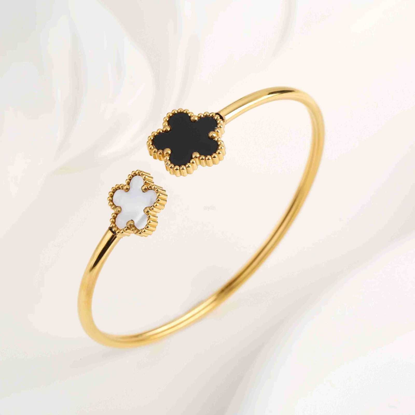 StainlESS Steel Exquisite Five-leaf Flower Open Bangle Gold Color Waterproof PVD Plated Wrist Jewelry Bijoux For Women M250722