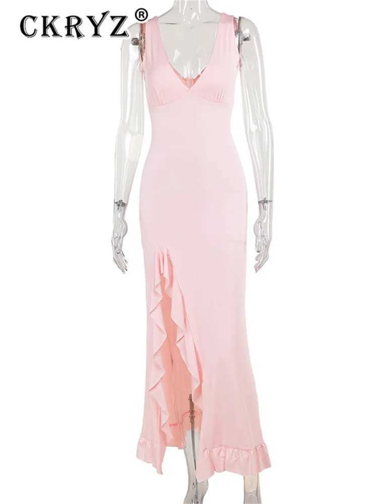 2025 Ladies Summer Ruffle Evening Birthday Party Dress Women Sleeveless Backless Side Slit Long Dresses Clubwear Women Clothes XJ250722