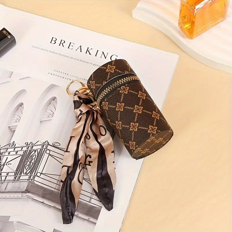 Bag Charms Vintage Floral Print Coin Purse & Keychain - Portable Lipstick Holder Wallet for Women, Retro Key Ring Accessory