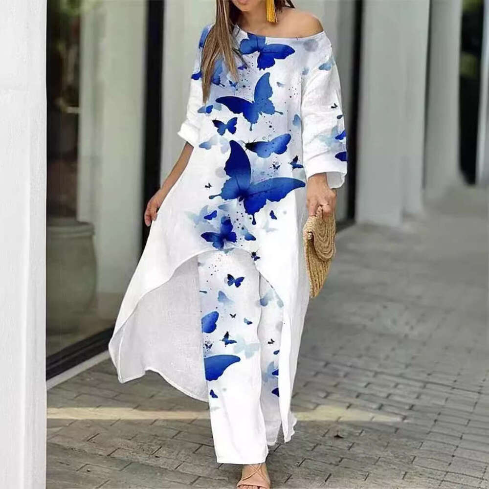 New Women's Fashion Casual Loose Irregular Print Nine-Quarter Sleeve Sunscreen Shirt Wide-Leg Pants Set B5