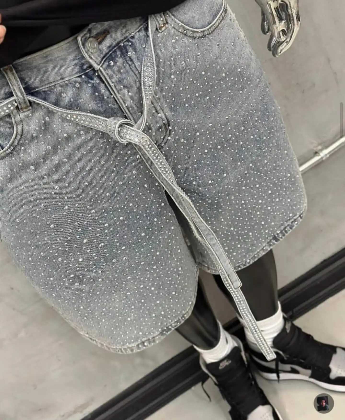 Dope Mens Faded Denim Shorts with Bling Rhinestone Accents Urban Streetwear Tough Washed Fabric Adjustable Lace Up Style Y2508141