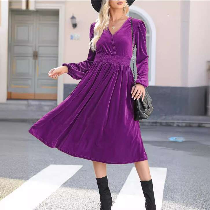 Autumn Winter New Solid Color Sleeve Elegant Commuting V-Neck Pleated High Waist Long Dress For Women B5
