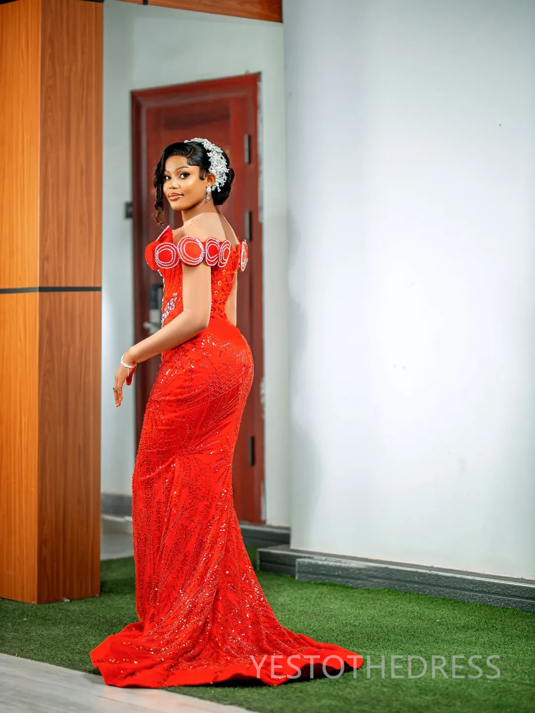 2025 Plus Size Prom Dress For Black Women Mermaid Evening Dresses Robe De Soiree Sheer Neck Long Sleeves Beaded Lace Birthday Dress Second Reception G