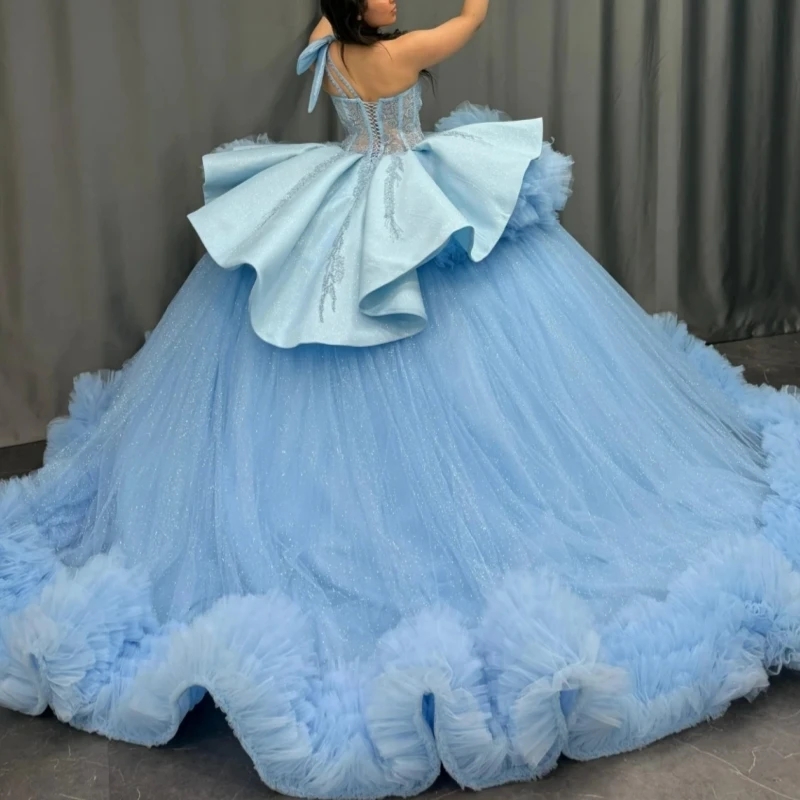 Sky Blue Quinceanera Dresses Ball Gown Off The Shoulder Beading Crystal Tiered Tull Corset Party Birthday Sweet 16 Dress Vestidos 15 Anos