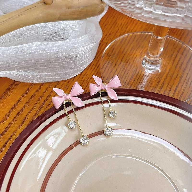 Korean Sweet Pink Bowknot Pearl Drop Earrings for Women Elegant White Rose Flower Long Tassel Earrings Party Wedding Jewelry Gift XJ250722