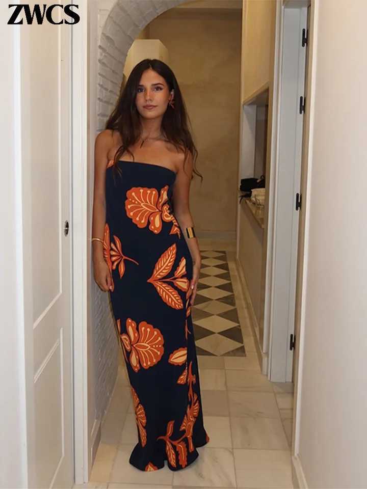 Ele Floral Print Ribbon Strapless Dress Women Sexy Off Shoulder Hip Package Long Tube Dresses 2025 Summer New Lady Slim Dress XJ250722
