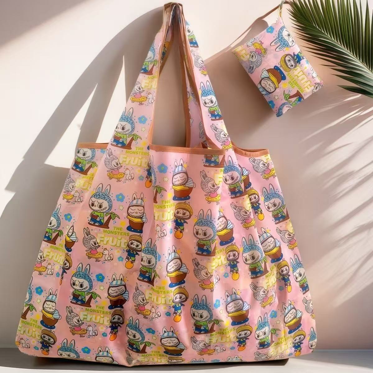 large shopping bag nylon pocket lightweight folding portable shopping bag shoulder bags handbag big totes cartoon print fabric food basket 50cm maxi h