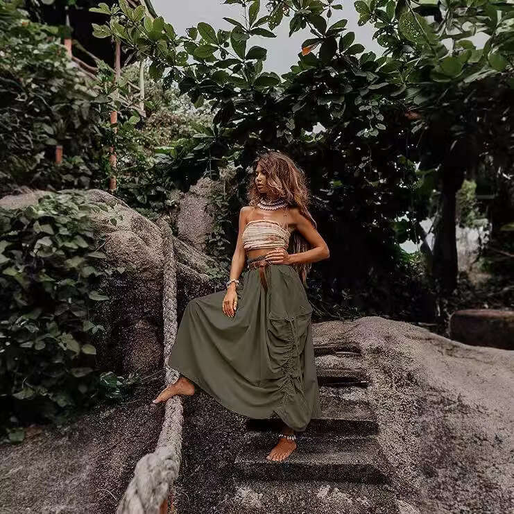 Women's Casual Midi New Drawstring Large Pocket Bohemian Loose Organic Cotton Long Skirt B5