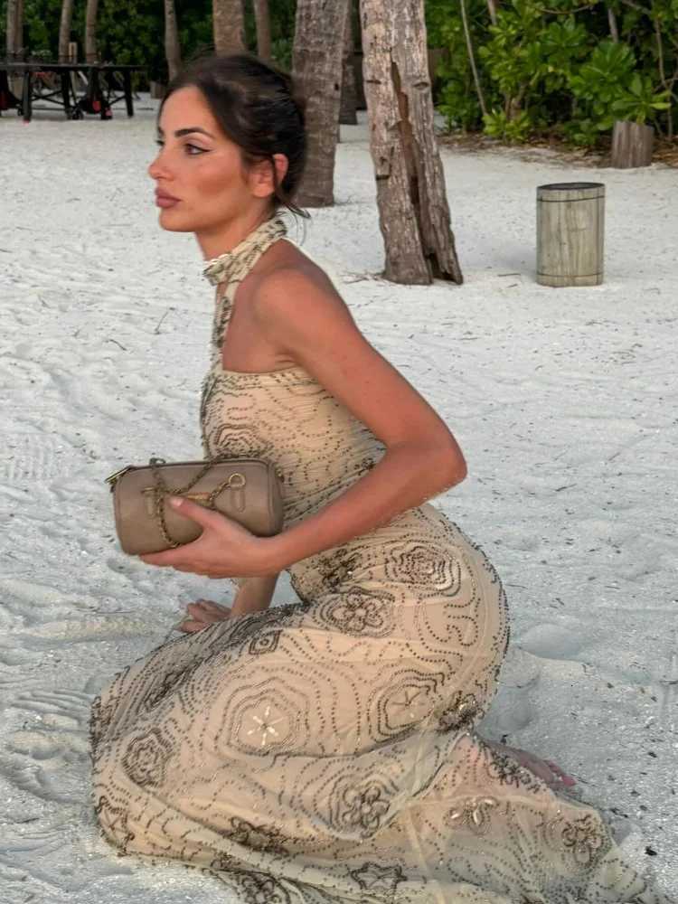 100% Embroidery Sequin Maxi Skirt Suits Women Chic Sleeveless Off Shoulder Scarf Backless Slim Vest Sets Lady Party Wear 2025 XJ250722