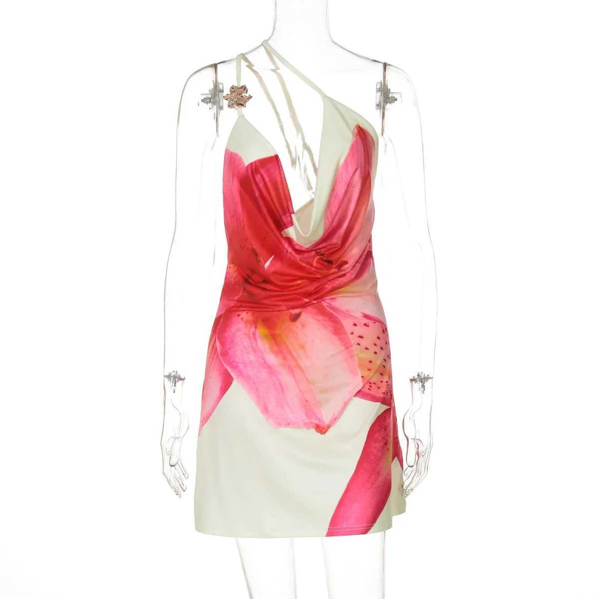 One Shoulder Floral Print Beach Vacation Y2K Mini Dress Outfits Women Summer Backless Sleeveless Bodycon Short Dresses Vestido XJ250722