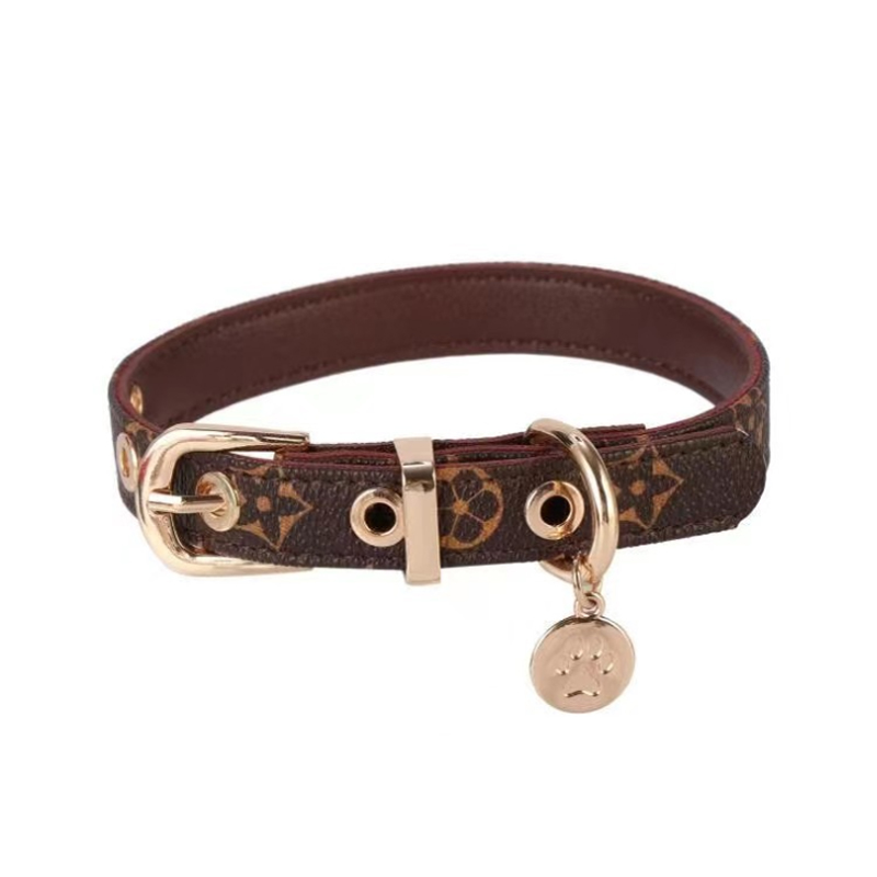 Old flower leather pet collar Teddy Schnauzer dog walking strong neck trendy brand printed collar suitable for small and medium dogs