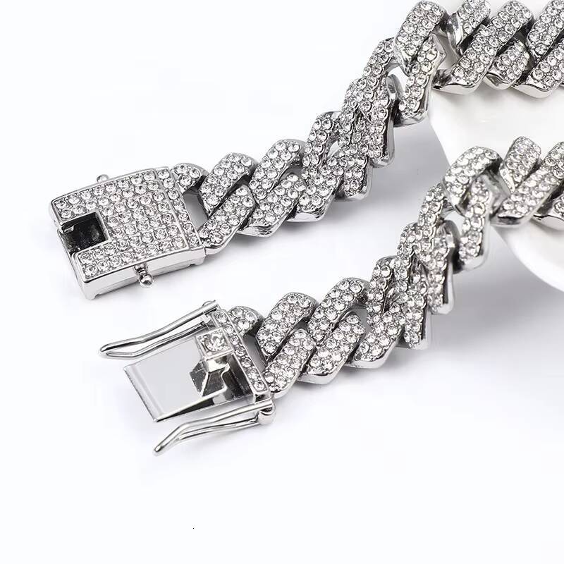 Hip Hop Fashion Jewelry 18K Gold Plated Alloy 14MM Chain Necklace Luxury Full Diamond Zircon Cuban Chain Link Necklace Women Men