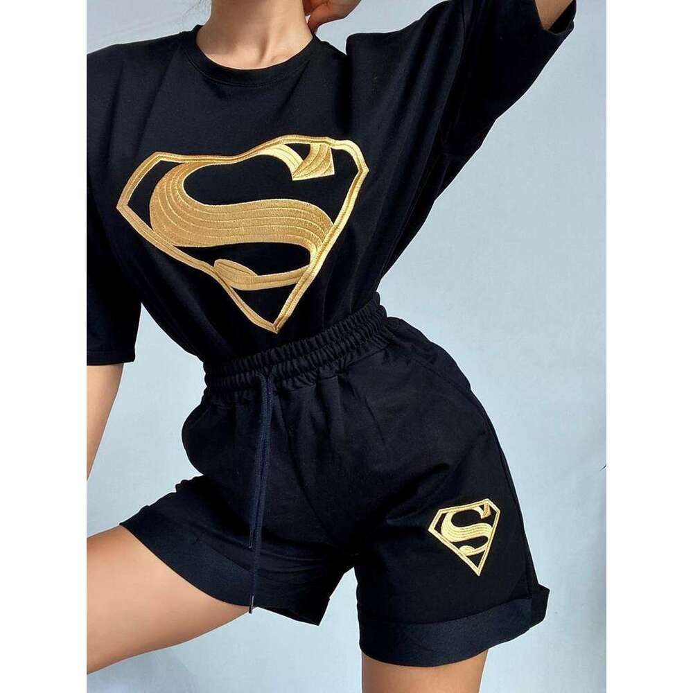 Women's Summer New Embroidered Sports Casual Shorts And Sweatshirt Set B5