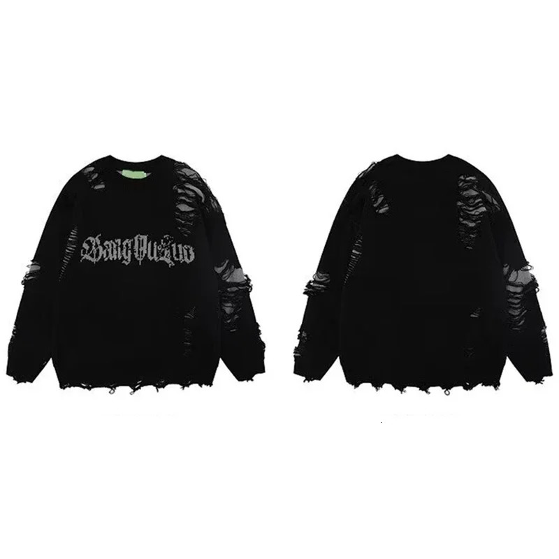 Hole Sweater Male Autumn Vintage High Street Gothic Dark Pullover Round-Neck Knit n Irregular Letters Oversize Sweater 250717