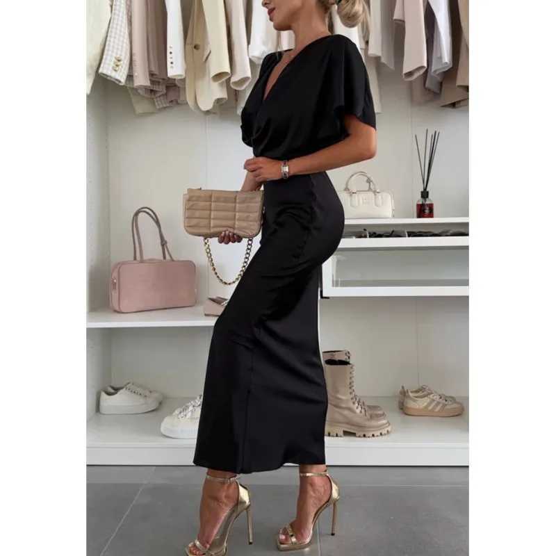 2025 Fashion Sexy Satin Dress Womens Batwing Short Sleeve Wrap V-neck Twist Bodycon Midi Long Dresses Party High Street Dresses XJ250722