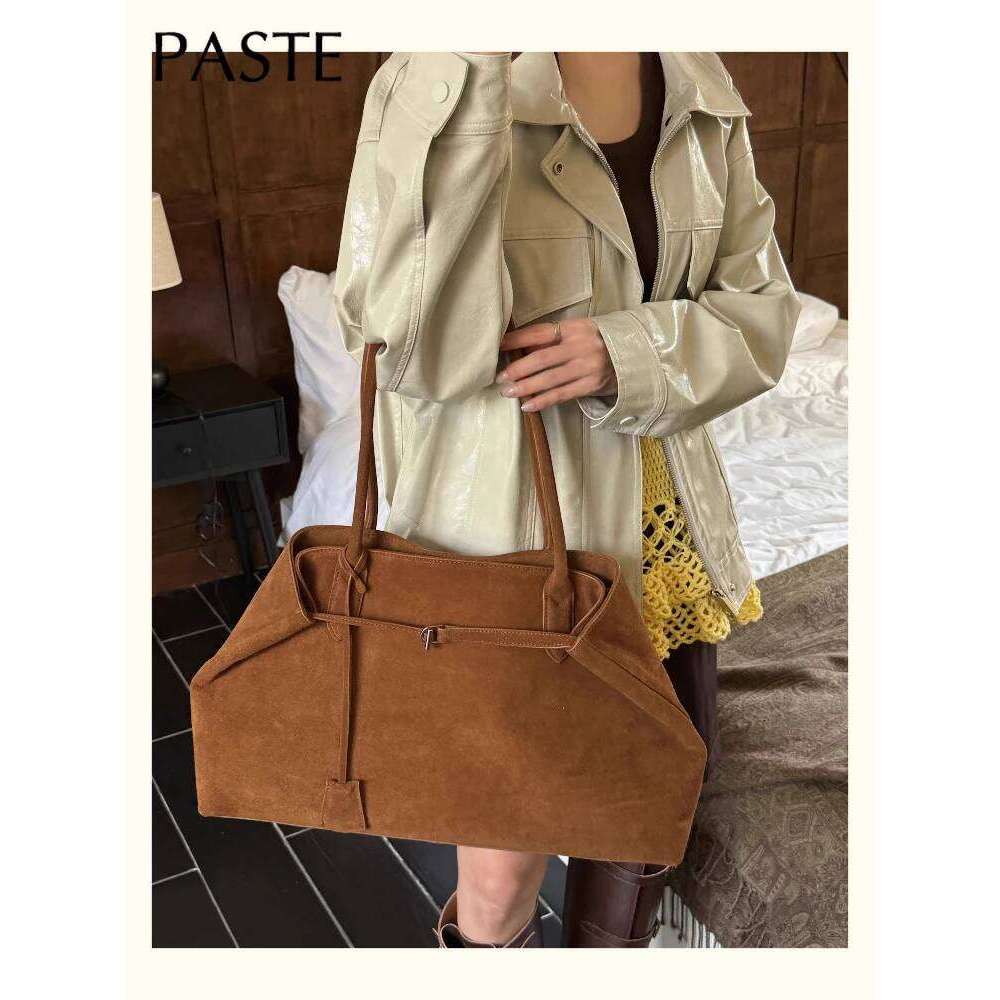 2026 Euro Style Winter Huge Long-handle Travel Tote Matte Green Grey Color Suede Cow Leather Women Handbag High-end Shoulder Bag