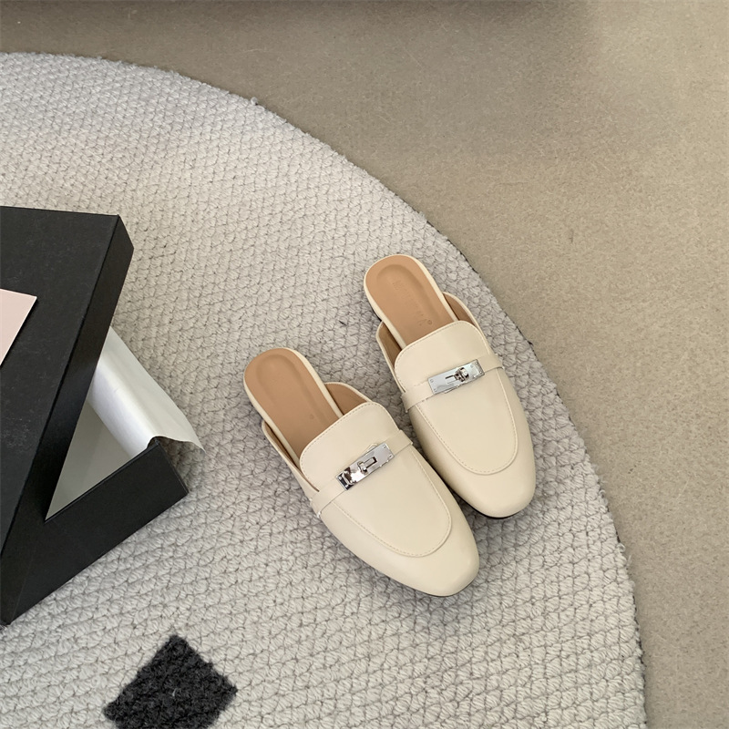 French cowhide sandals toe semi-slippers women's wears spring and summer lazy casual one-footed muller commuter shoes2025