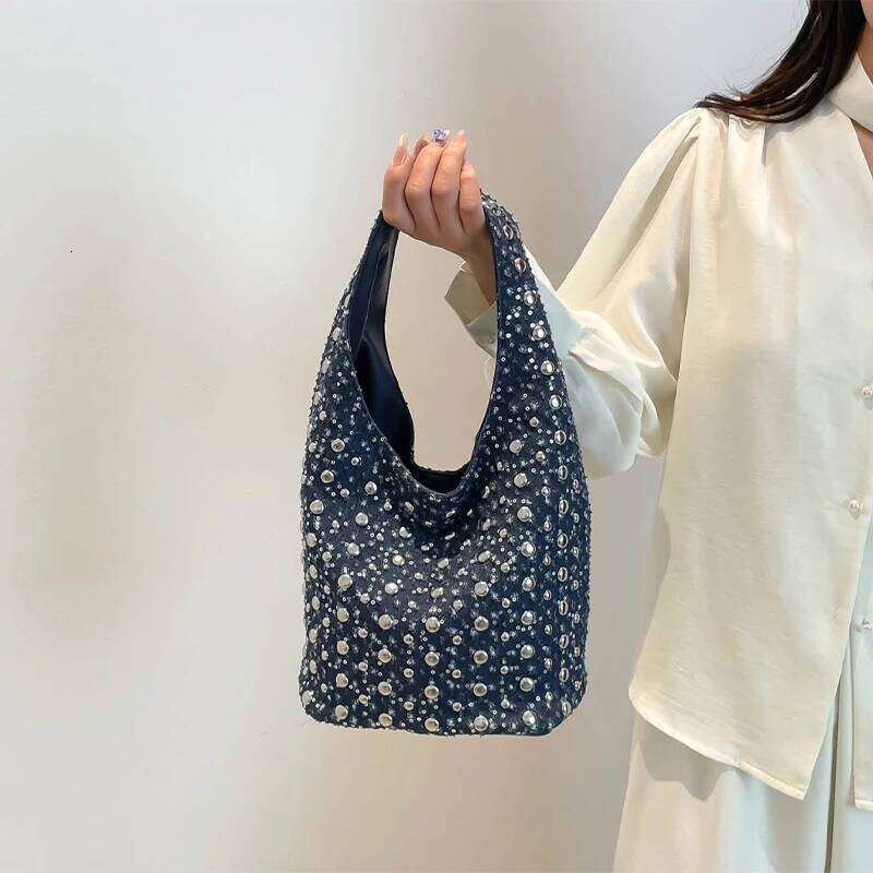 Denim Sequin Rivet Underarm Shoulder Bag,Vintage Metal Stud Motorcycle Style Handbag,Designer Blue Chic Women Bucket Tote Bags