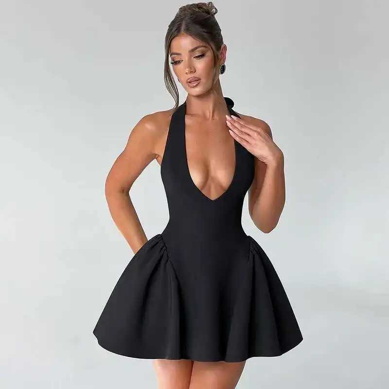 2024 Summer Womens A-line Pleated Waist Wrap Dress Halter Mini V Neck Backless Nightclub Sexy Party Dresses XJ250722