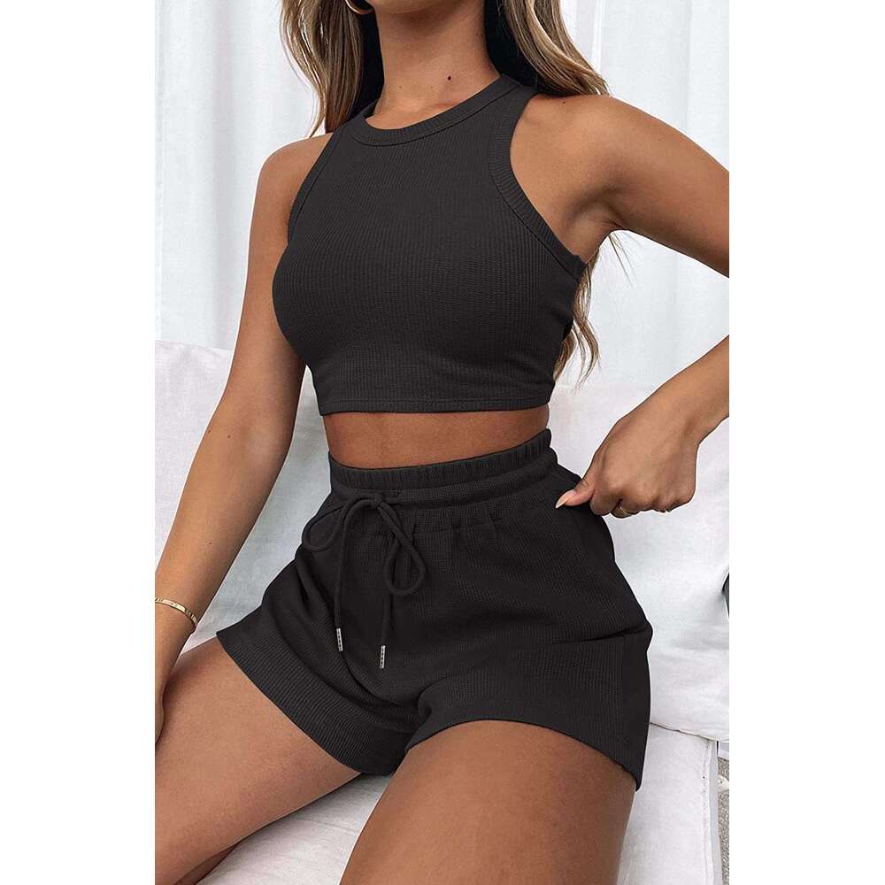 Summer New Sleeveless Waffle Solid Color Vest Fashion Casual Short 2-Piece Set For Women B5