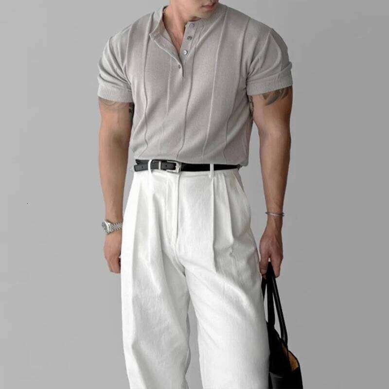 New Fashion Men Henry Collar T-Shirt Leisure Knit Short Sleeve Tops Korean Style Summer Stretchy Breathable Fiess Tees