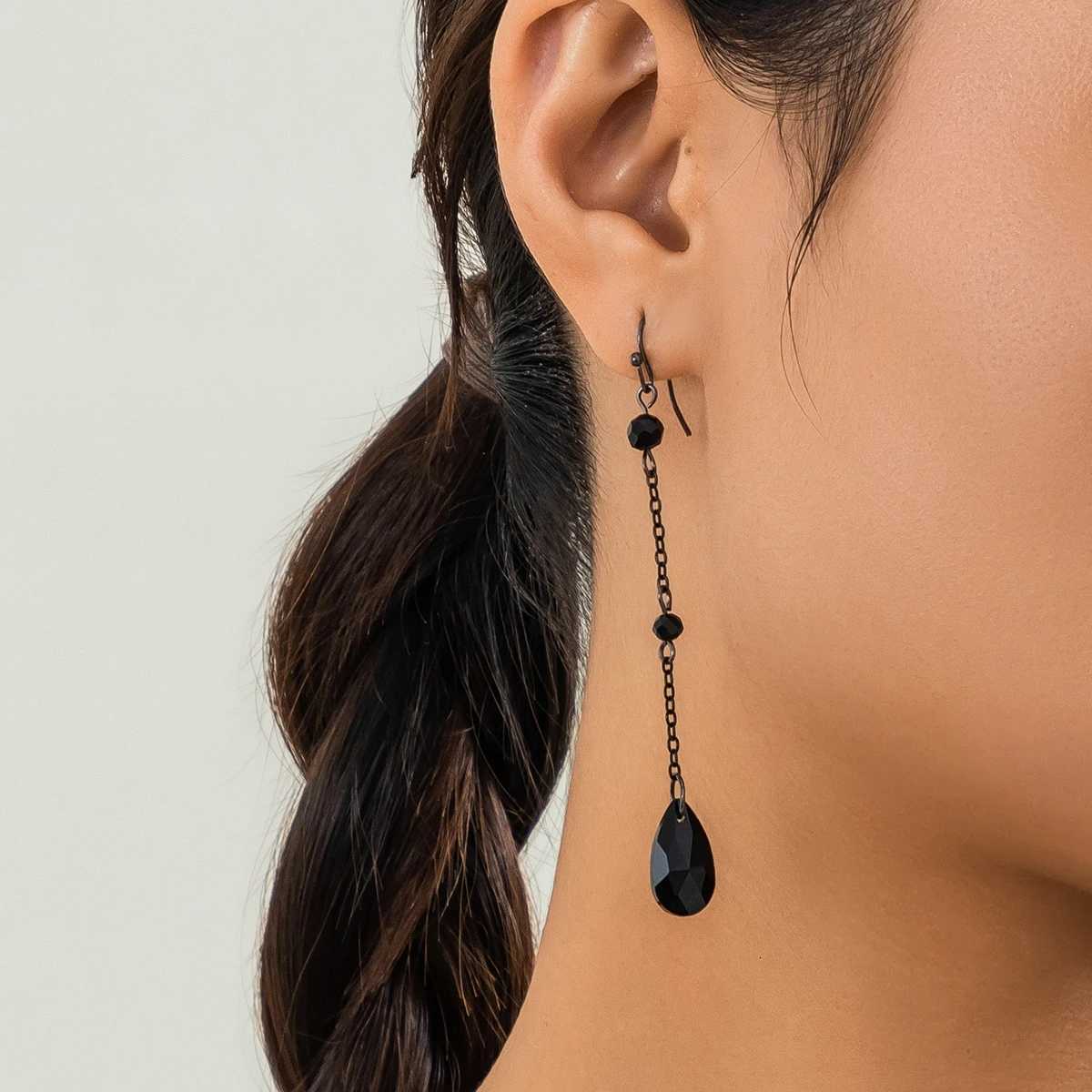 10pcs Gothic Black Crystal Long Tassel Pendant Earrings for Women Punk Metal Link Chain Drop Earrings Party Jewelry Gift XJ250722