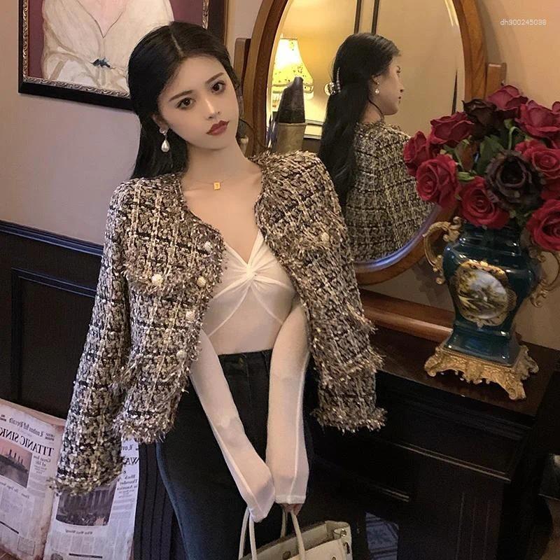 Women's Jackets Autumn Winter Fashion Korean Chic Vintage Tweed Woolen Jacket Coat Plaid Tassel Outerwear Elegant Slim Streetwear Coats