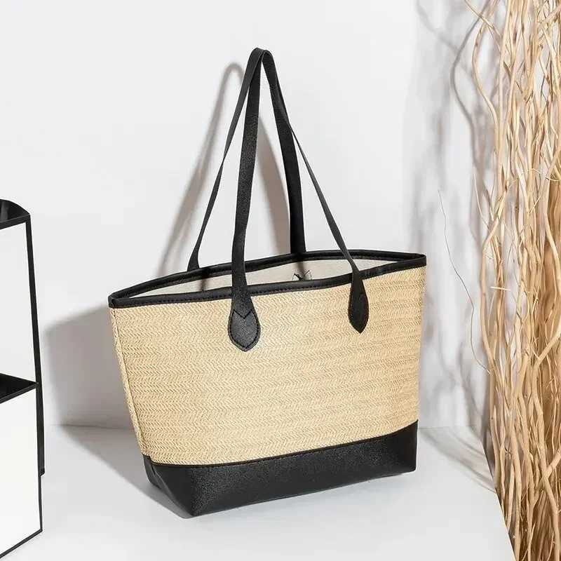 FAshion Pu Leather Weave StrAW Tote Bag Trendy Shoulder Bag PaTChwork Color Beach Handbags Large Capacity Raffia Bag Y250730