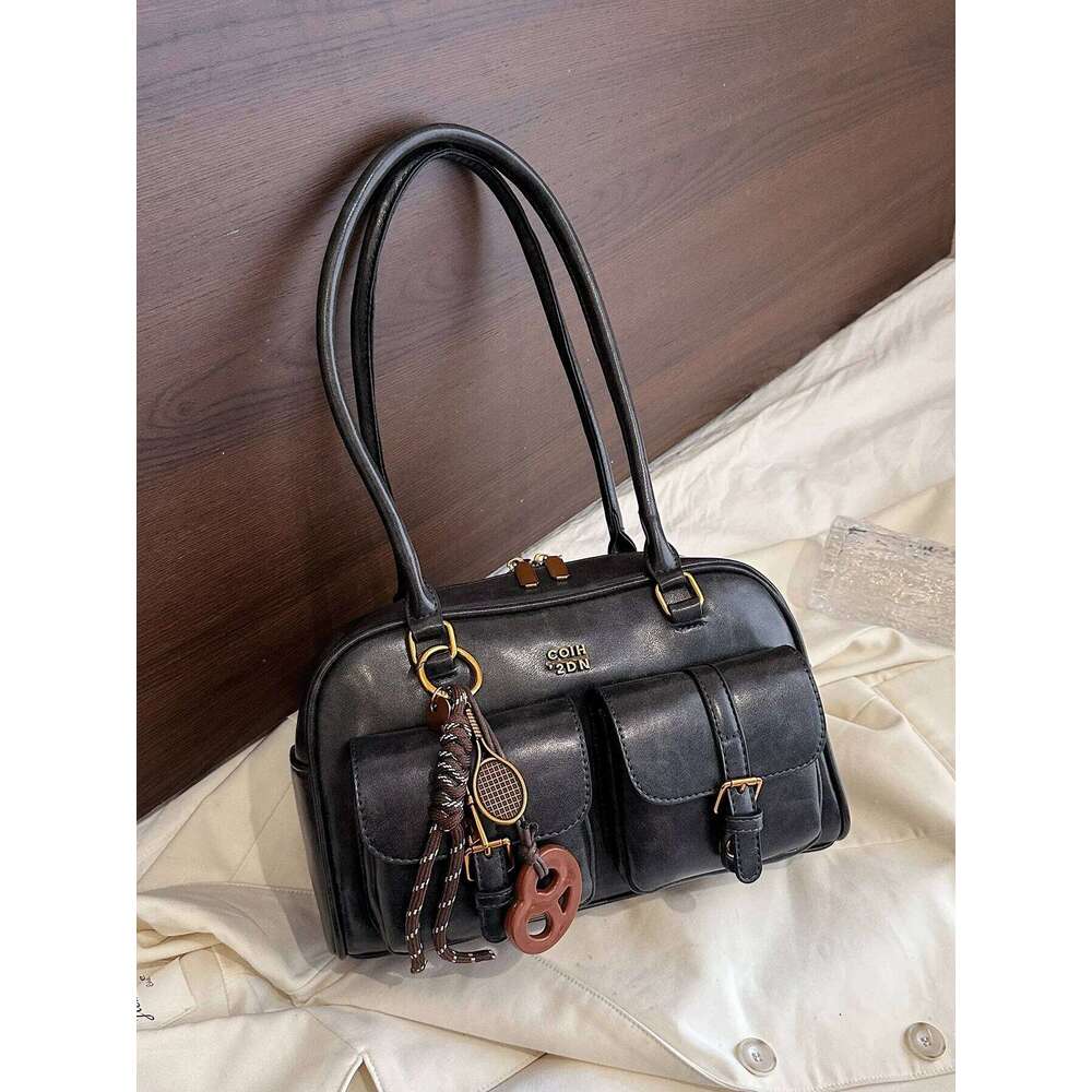 Vintage Brown Tote for Women, Crossbody Shoulder Bag with Metal Buckles & Keychain, Stylish Spacious Daily Purse