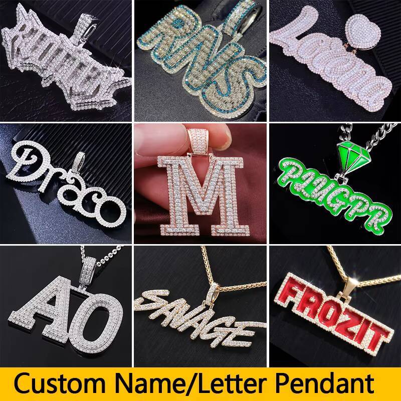 Factory Custom Iced Out VVS Moissanite Diamond Hip Hop Name Letter Pendant Pass Diamond Tester Men 925silver Number Pendant