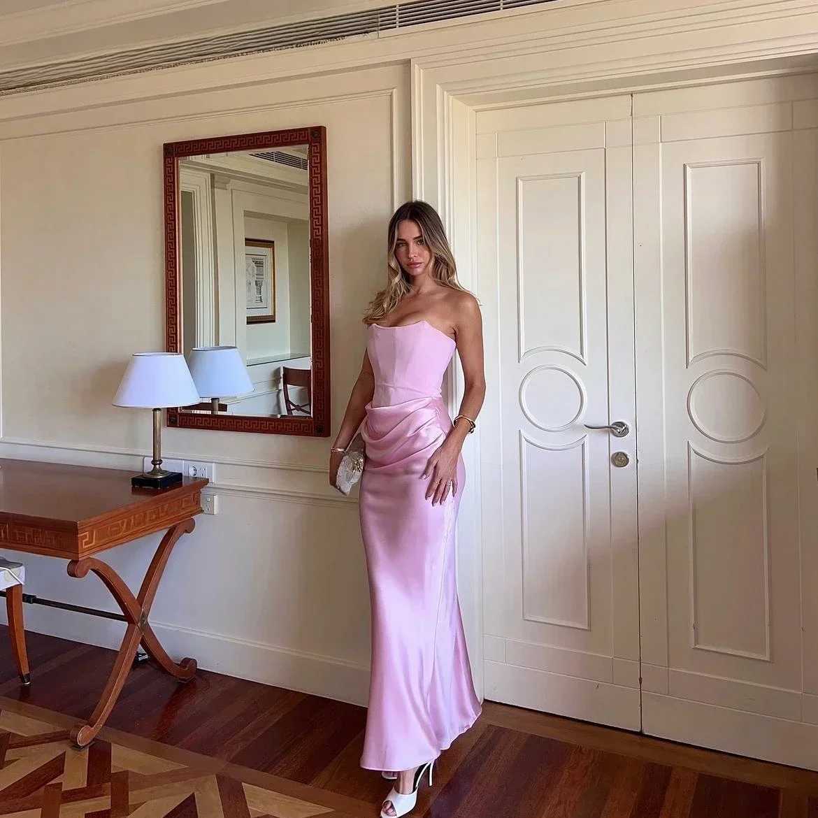2025 Suninheart Winter Women Strapless Evening Dress Pink Maxi Corset Dress Ele Long Satin Night Gala Party Dresses XJ250722