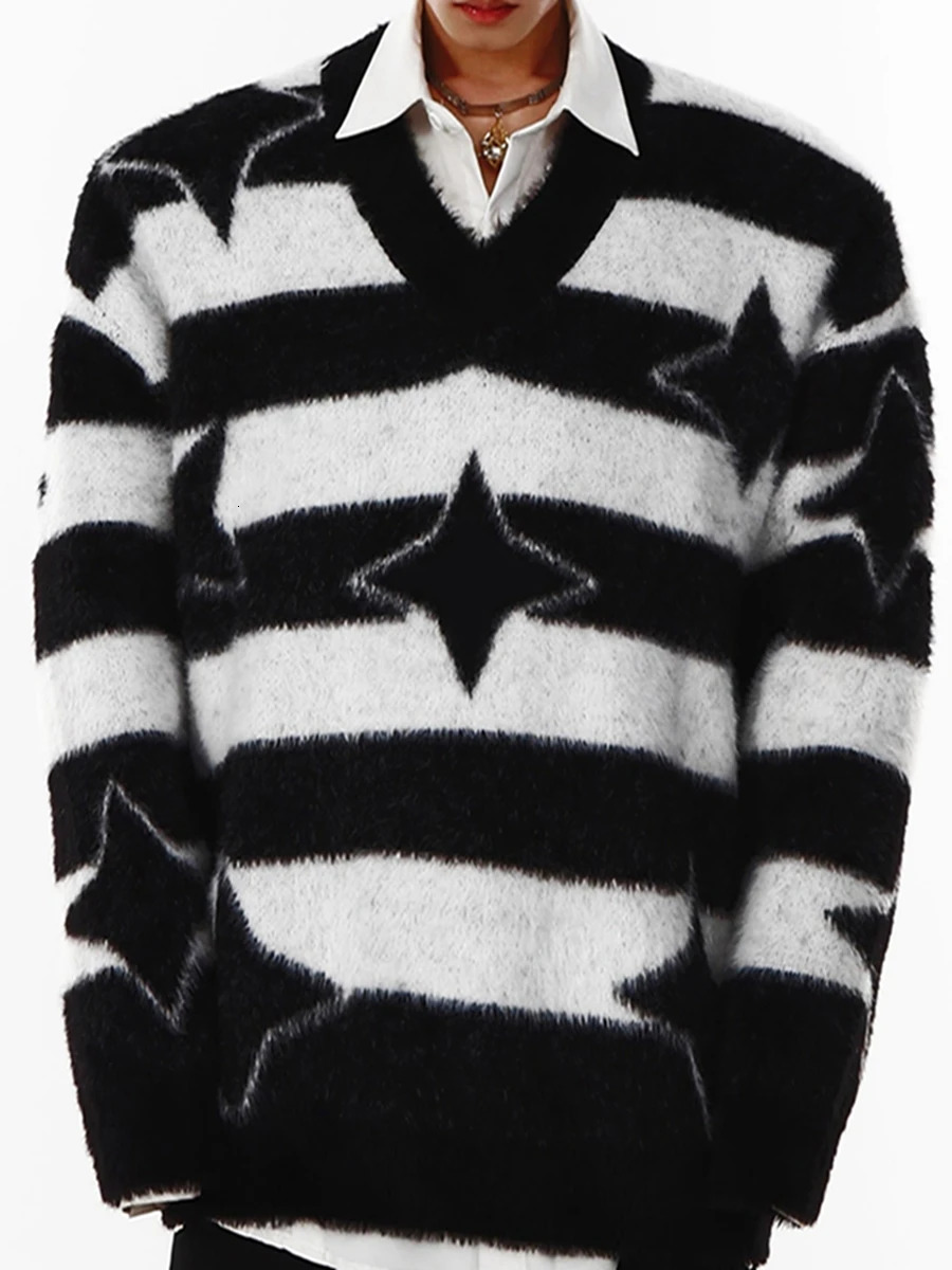 Men Warm Sweater Lightweight Striped Print V Neck Knitted Jumper Fall Casual Pullovers Tops for Streetwear 250717