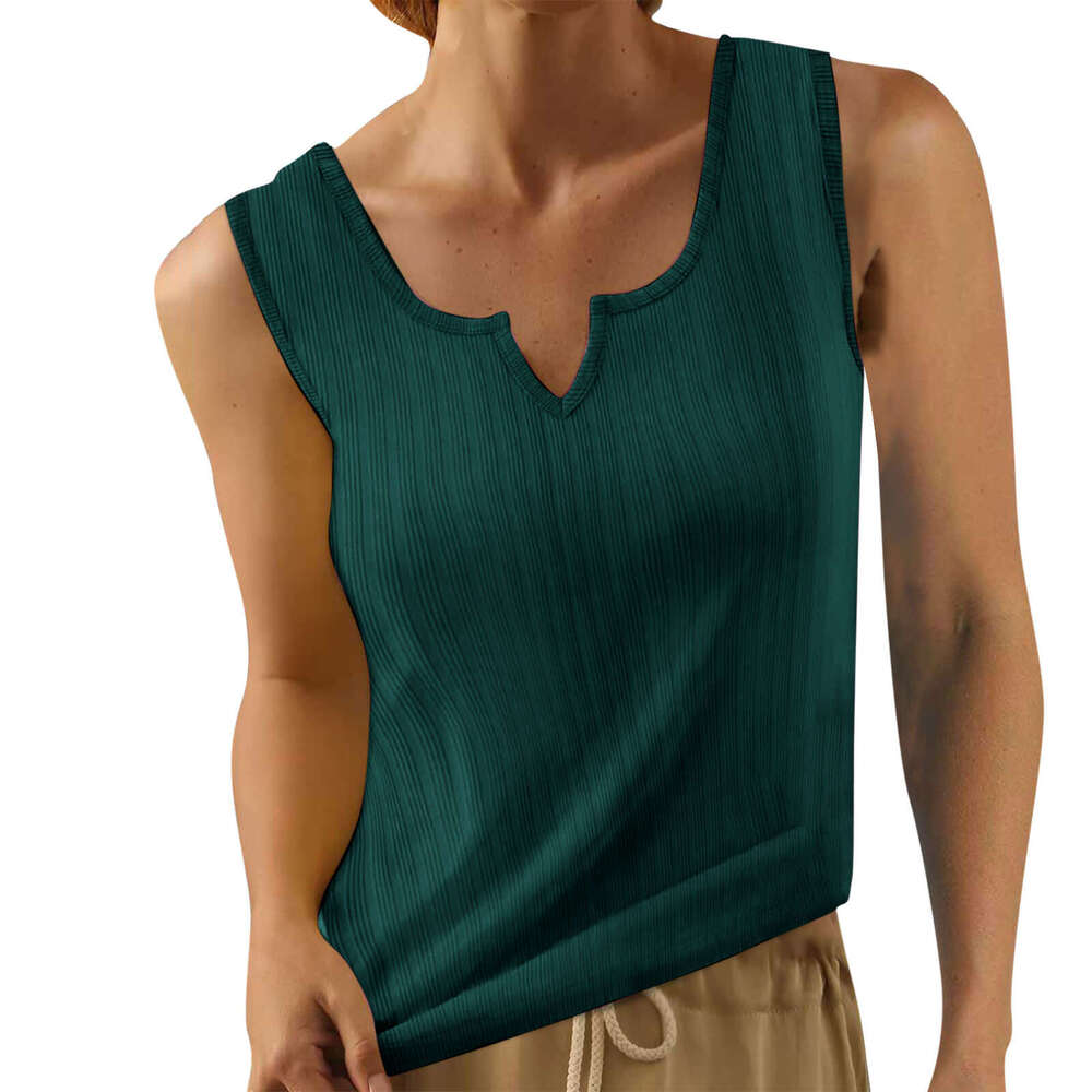 Summer New Design Sense Fashion Casual V-Neck Solid Color Ribbed Vest B5