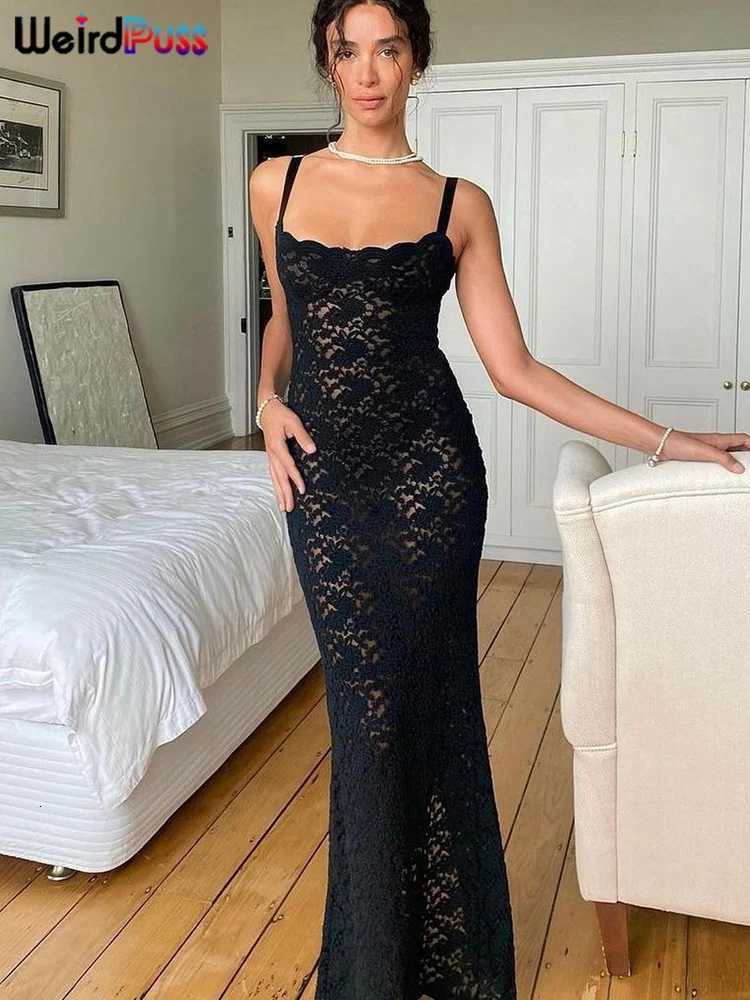 100% Cotton Lace Black Women Maxi Dress See Through Seamless Ladies Sexy Coquette Nightclub Party Bodycon Slim Fit Dresses XJ250722