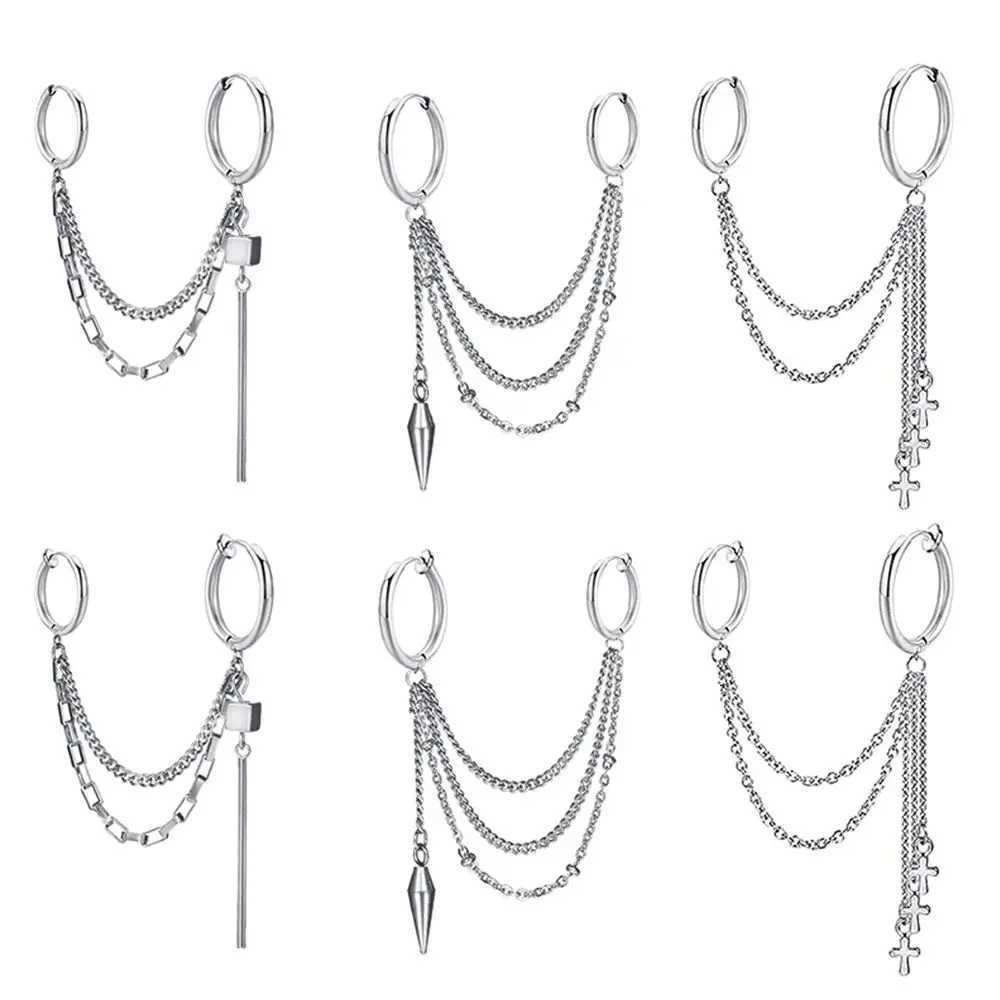 1Pcs Fashion Punk Cross Clip Earring Cross Chain Tassel Drop Pendant Metal Earrings for Women Men Hip Hop Gothic Jewelry Gift XJ250722