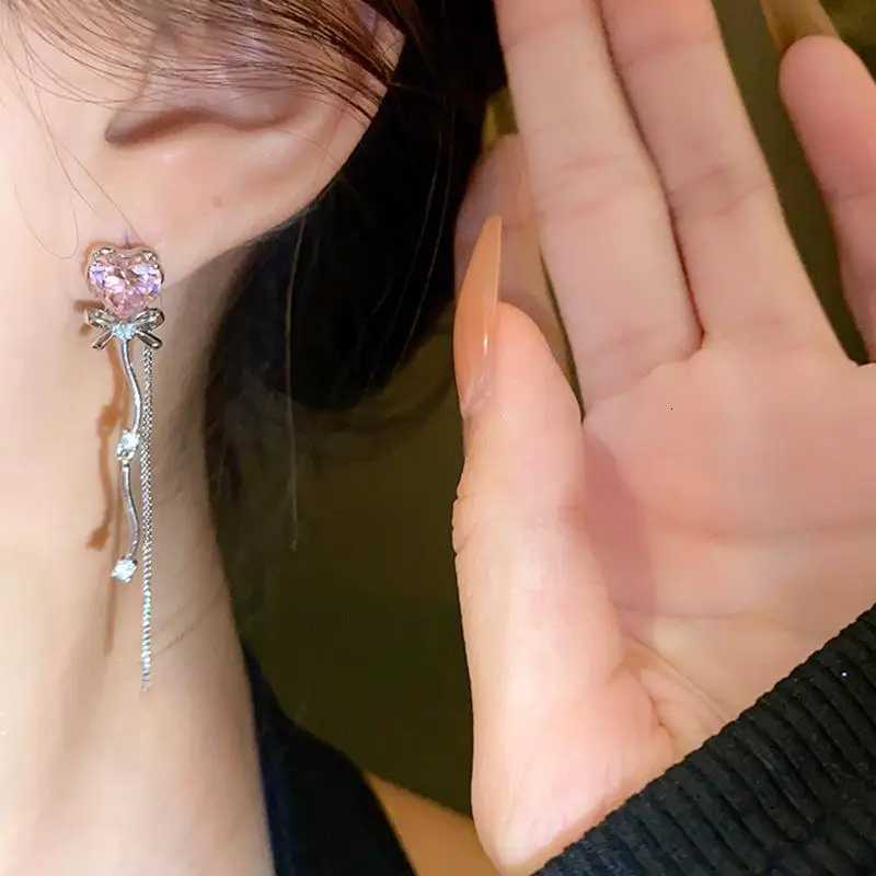 Shiny Pink Crystal Heart Tassel Earrings for Women Creative Zircon Opal Bow Drop Dangling Earrings Y2K Party Jewelry XJ250722