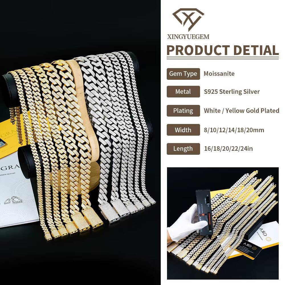 Wholesale Hip Hop Mossanite Jewelry 925 Sterling Silver 8-20mm Gra Ice Vvs Diamond Necklace Moissanite Cuban Link Chain for Men