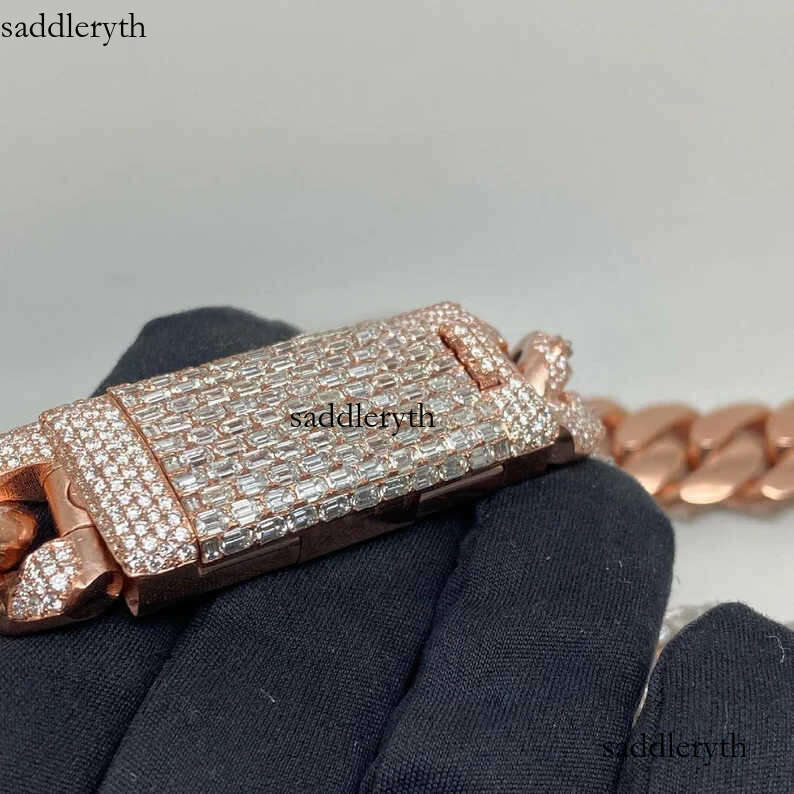 20mm Vermeil Hip Hop Sier with 14k Rose Gold Plated Chains Necklace Emerald Cut Moissanite Dia Iced Out Cuban Link Chain