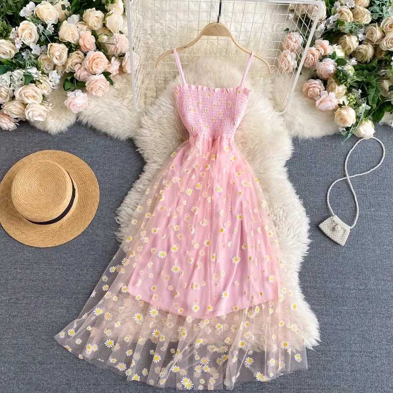 2025 New Korean Fashion Floral Print Spaghetti Straps Mesh Party Dress Vacation Style Women Beach Dress XJ250722
