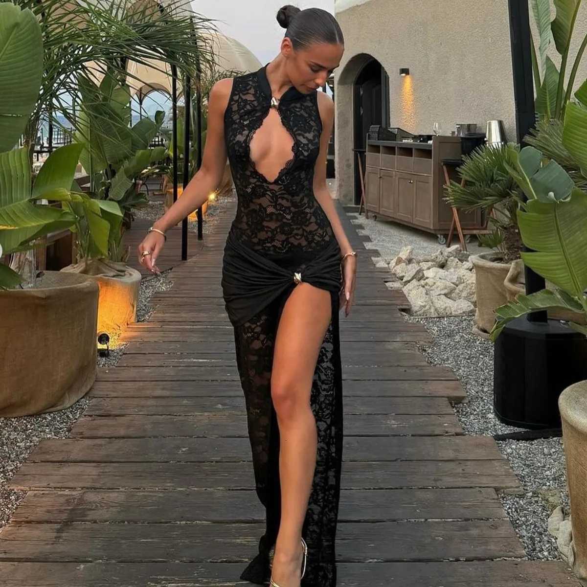 Women Sexy Lace Long Dress Hollow Out Sleeveless High Slit Evening Party Club Dress Vintage Casual Bodycon See Through Dresses XJ250722
