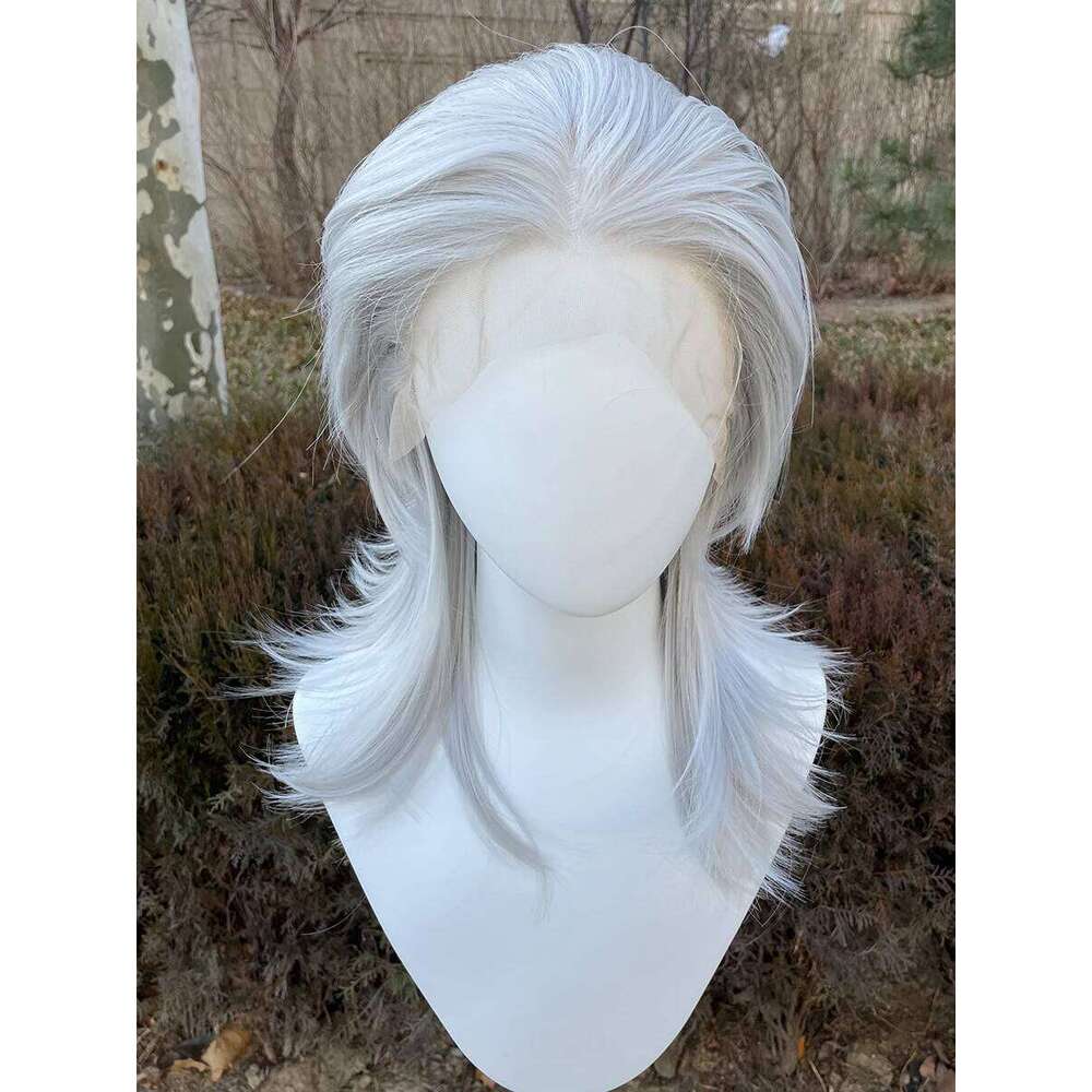 Sliver Gray 13X4 Lace Front Wig For Women Cosplay Human Hair Shoulder Length Mullet Synthetic Layers Ponytails Glueless Wigs