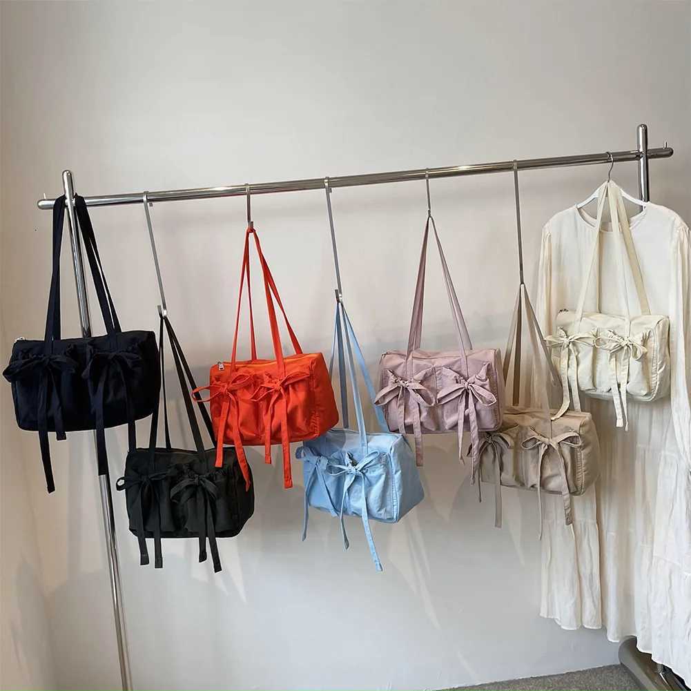 Women Plain Drawstring Tote Bag with Bow Canvas Cute Shoulder Bag Zipper Large Tote Handbag Large Capacity Solid Underarm Bag XJ250704