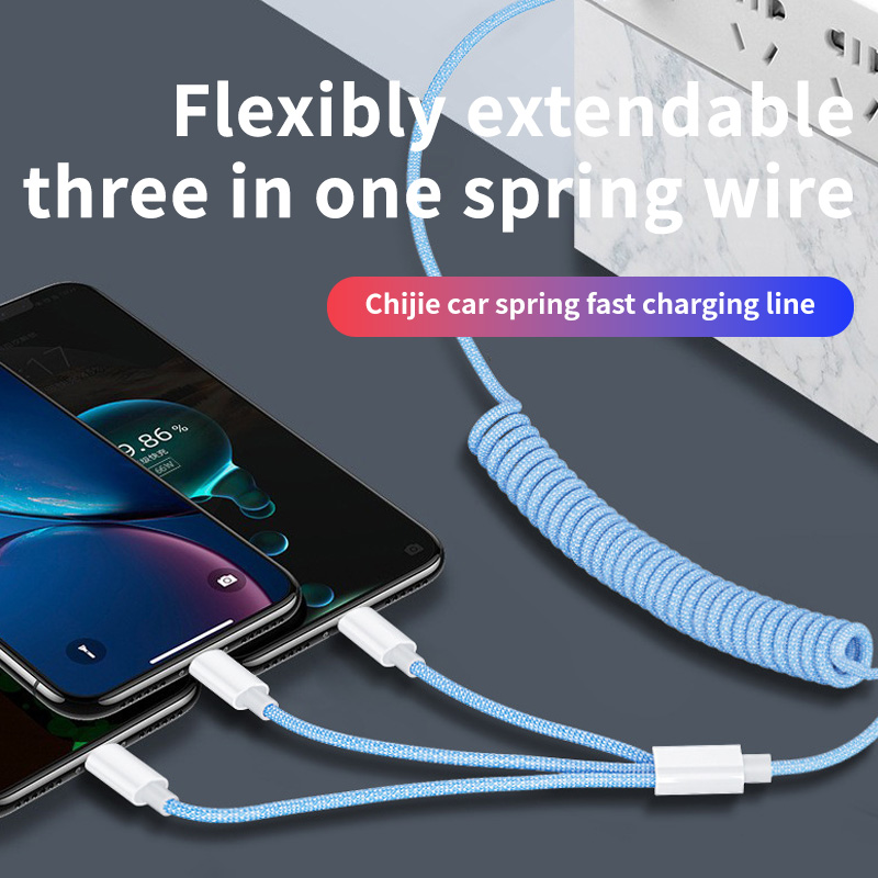 Nylon Braided Type C Spring Data Cable 3 in 1 USB Charging Cable