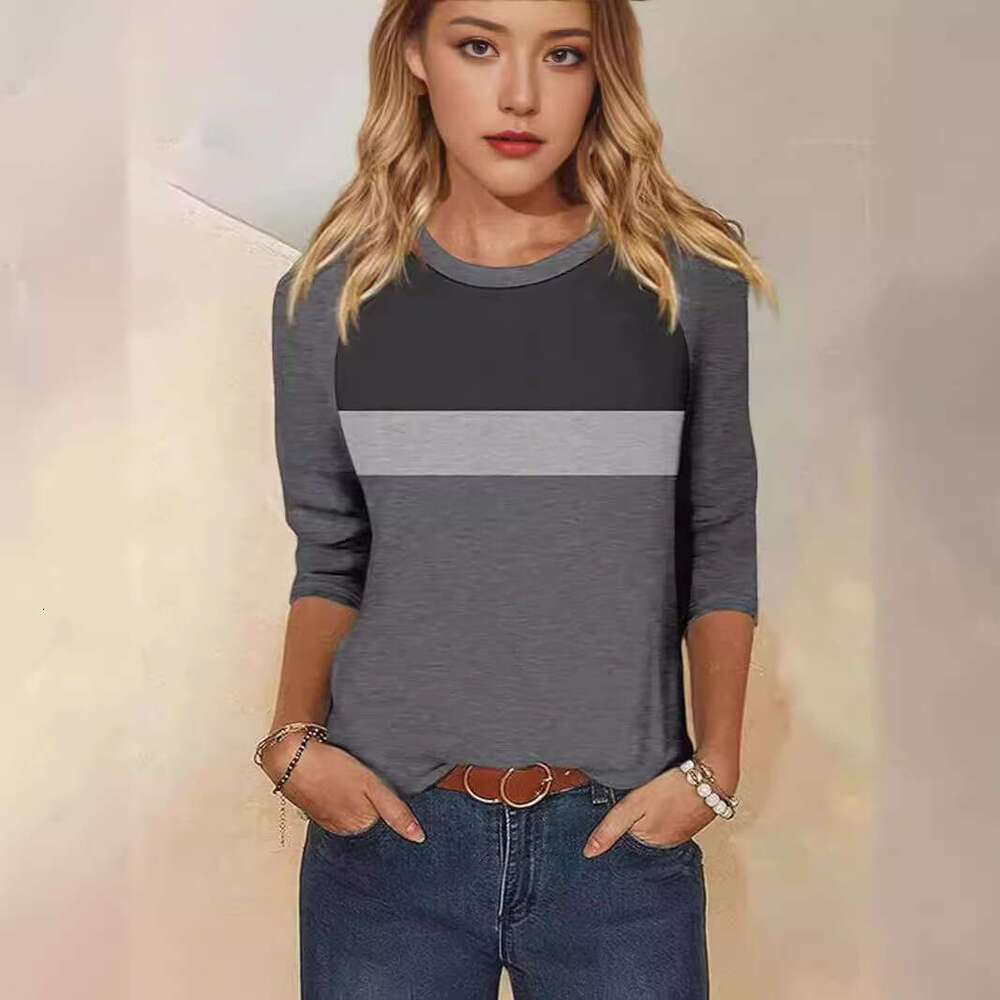 Women's Solid Color Block Ins Casual Fashion Three-Quarter Sleeve T-Shirt Round Neck Top B5