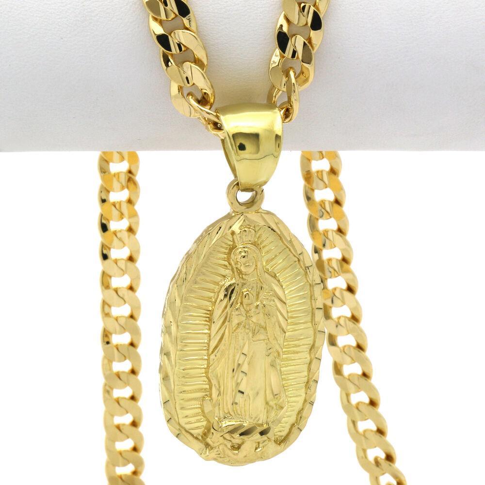 Mens 18k Gold Plated Guadalupe Hip-Hop Pendant 6mm Cuban Chain Necklace - view 5