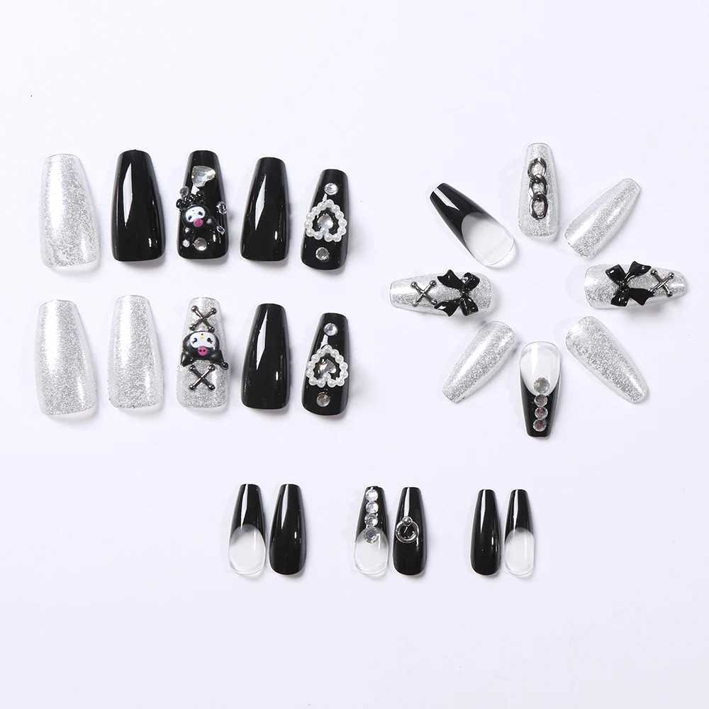24Pcs 3D Kuromi Press-On Nails Y2K Cartoon Handmade Fake Nails Black Gel Nails Wearable Nails Cinnamoroll Melody Anime False Nails W250722